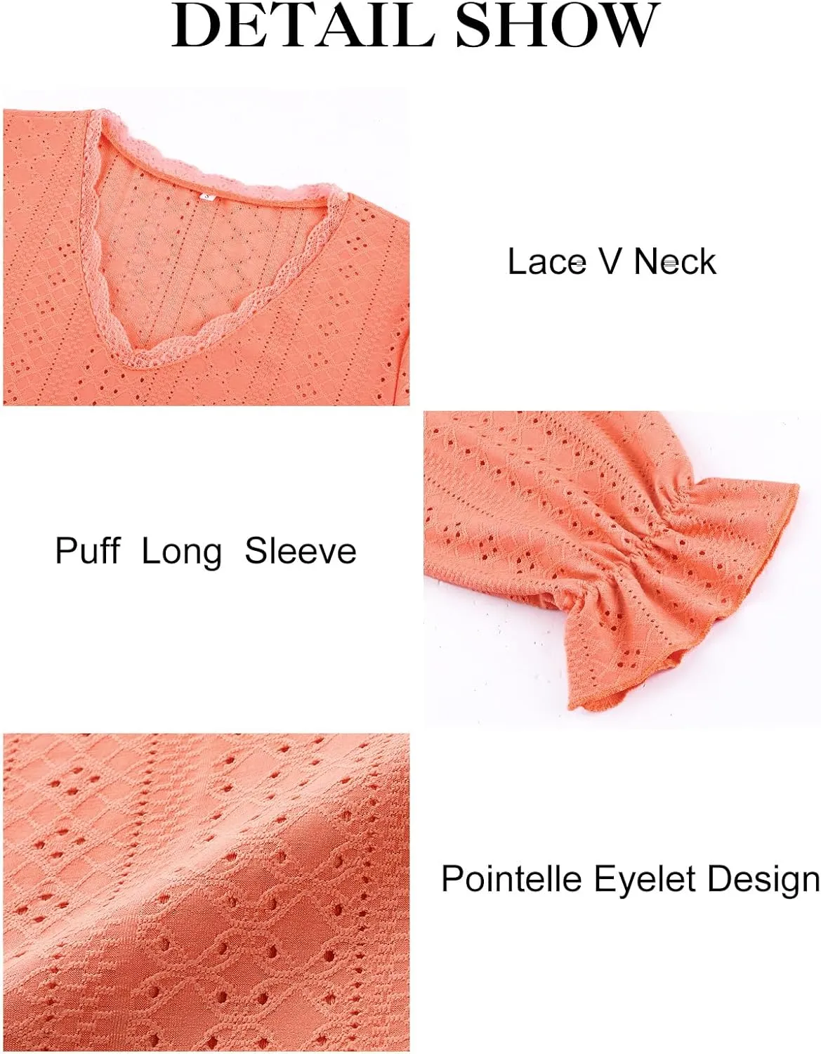 Misyula Womens Lace V Neck Puff Long Sleeve Eyelet Tops Dressy Business Casual Work Shirts Blouse S-XXL