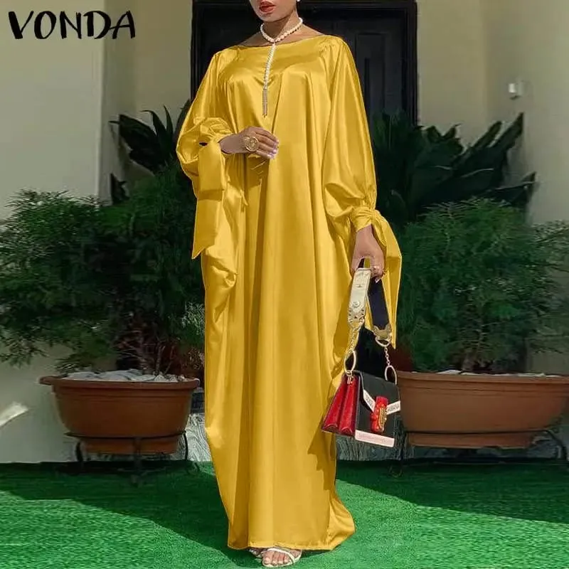 Oversized Dress VONDA Autumn Elegant Satin Dress Women Bohemian Holiday Party Sundress Casual Loose Maxi Long Vestidos Robe S S3821342
