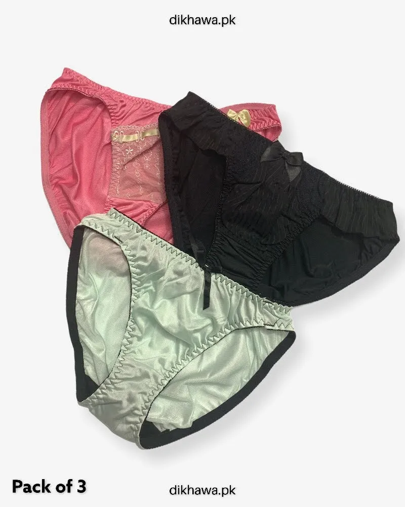 Pack of 3 Imported Stocklot Branded Net Panty With Silk Mid Waist Hipster Panty With Lace Panty
