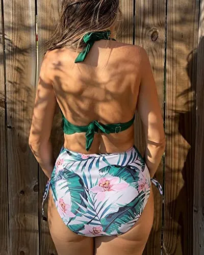 Padded Bras And Adjustable Shoulder Strap High Waisted Bikini For Women-Green Tropical Floral