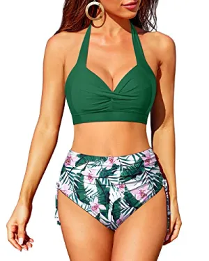 Padded Bras And Adjustable Shoulder Strap High Waisted Bikini For Women-Green Tropical Floral