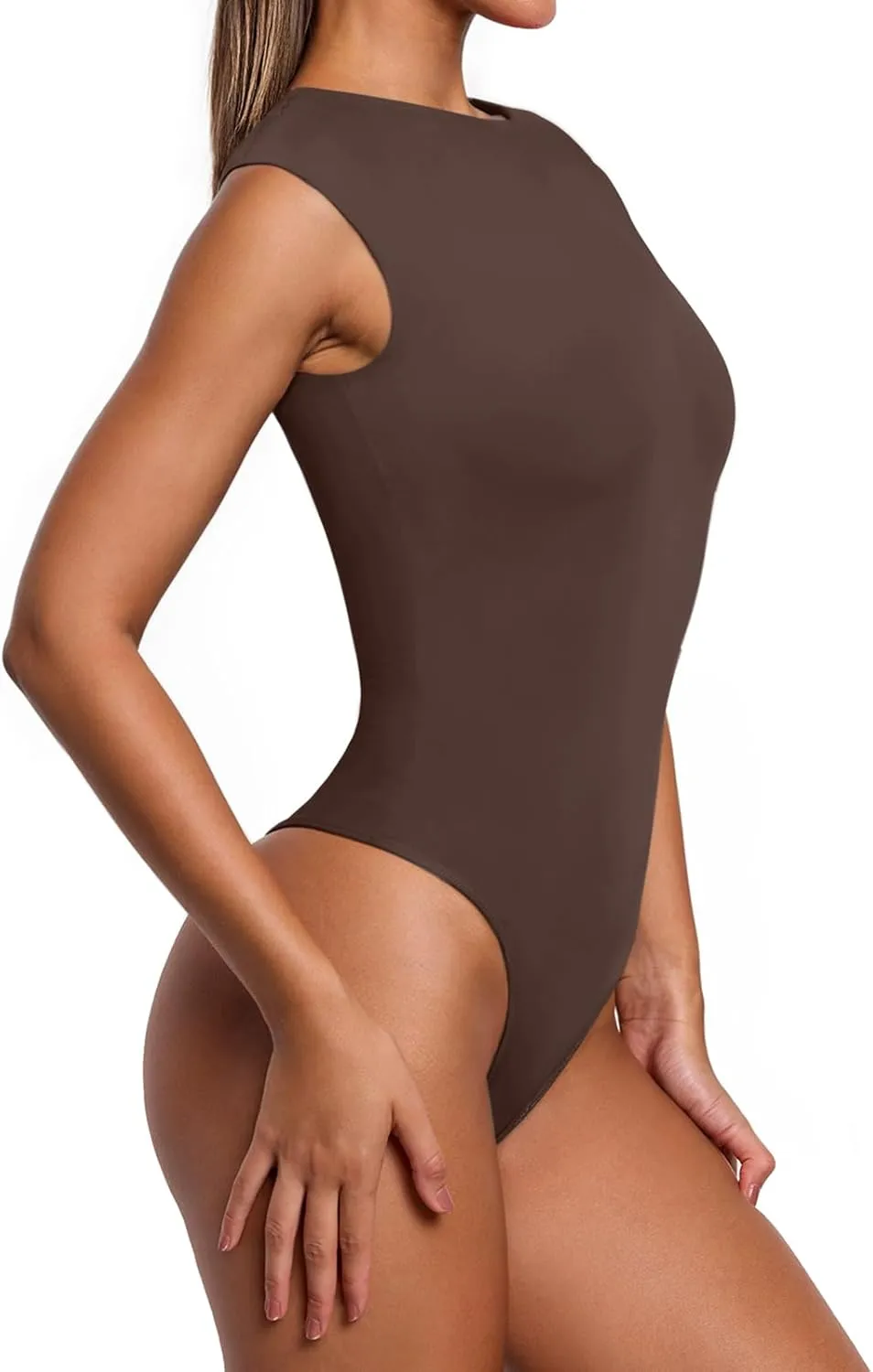 PINKMSTYLE Womens Crew Neck Sleeveless Bodysuit Double Lined Stretchy Fitted Basic Thong Body suit Tank Tops
