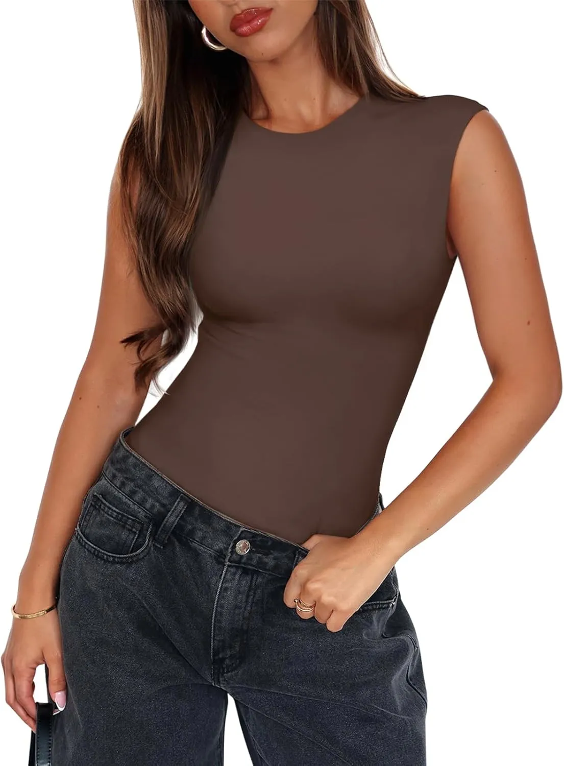 PINKMSTYLE Womens Crew Neck Sleeveless Bodysuit Double Lined Stretchy Fitted Basic Thong Body suit Tank Tops