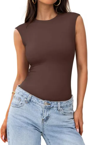 PINKMSTYLE Womens Crew Neck Sleeveless Bodysuit Double Lined Stretchy Fitted Basic Thong Body suit Tank Tops
