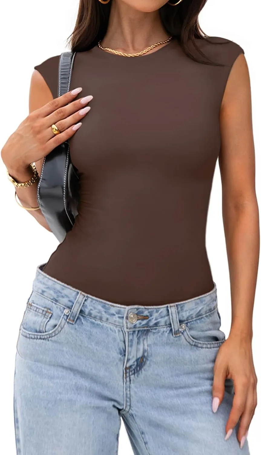 PINKMSTYLE Womens Crew Neck Sleeveless Bodysuit Double Lined Stretchy Fitted Basic Thong Body suit Tank Tops