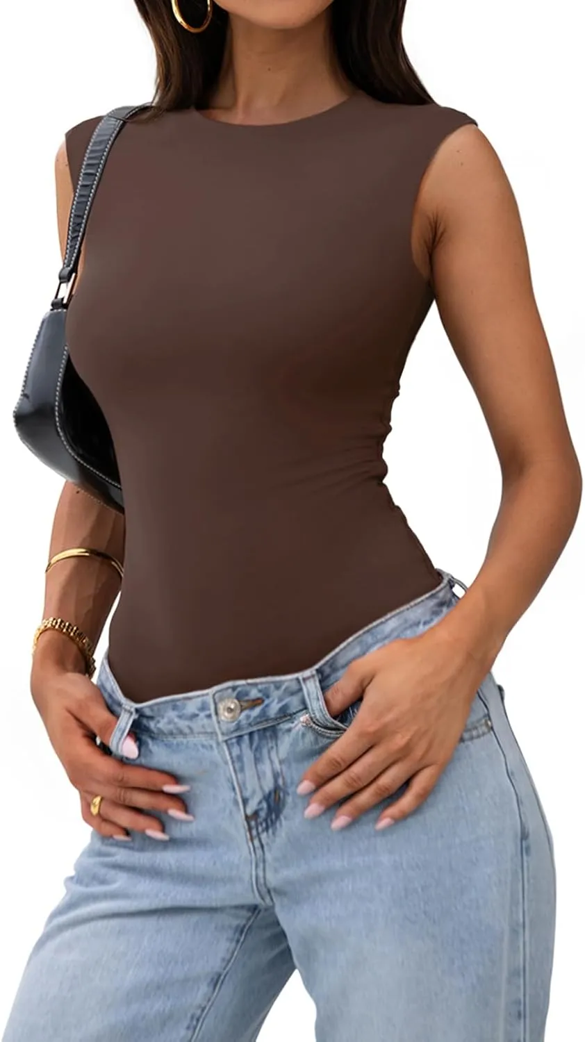 PINKMSTYLE Womens Crew Neck Sleeveless Bodysuit Double Lined Stretchy Fitted Basic Thong Body suit Tank Tops
