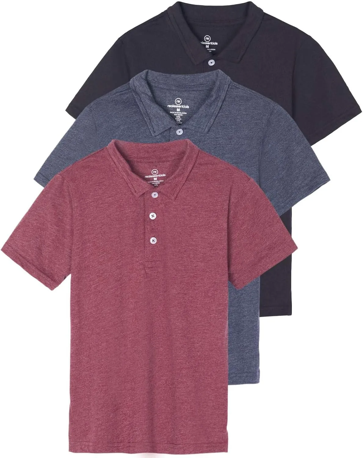Real Essentials 3 Pack: Boys' Short Sleeve Jersey Cotton Polo Shirt - Uniform Youth Dress Shirt (Ages 4-18)