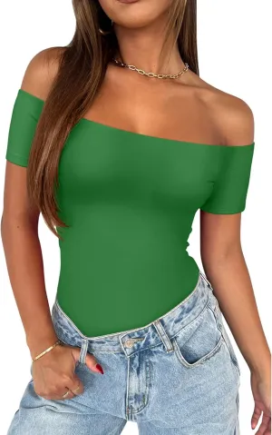 REORIA Women Sexy Off The Shoulder Short Sleeve Backless Basic Double Lined Thong Bodysuit Tops