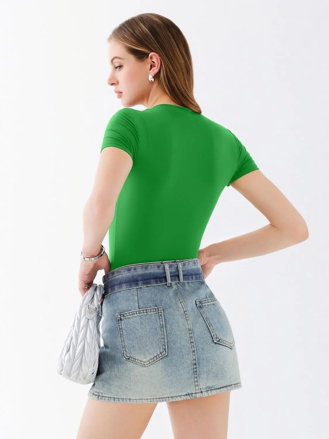 REORIA Womens Crew Neck Short Sleeve Thong Bodysuits Double Lined Comfy Slim T Shirt Tops