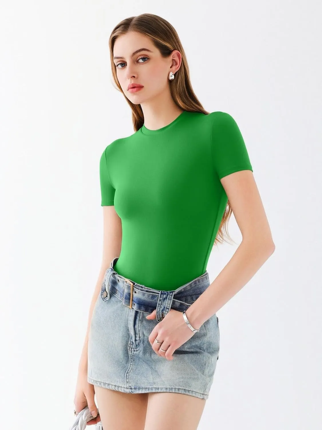 REORIA Womens Crew Neck Short Sleeve Thong Bodysuits Double Lined Comfy Slim T Shirt Tops