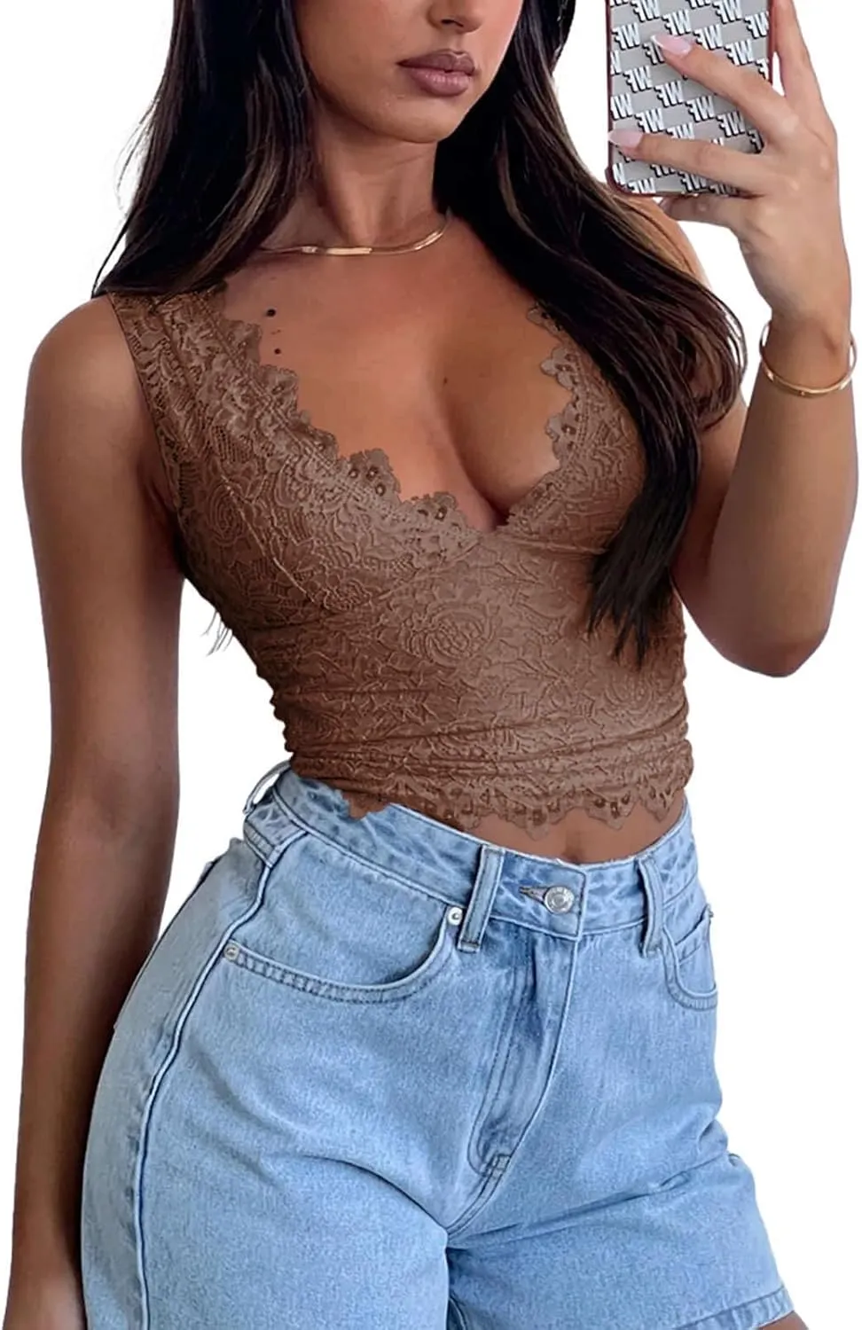 REORIA Womens Sexy V-Neck Sleeveless Double Lined Going Out Y2K Trendy Lace Cropped Tank Tops