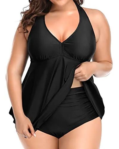 Ruffle Plus Size Halter High Waisted Tankini Set For Women-Black