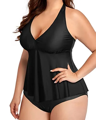 Ruffle Plus Size Halter High Waisted Tankini Set For Women-Black