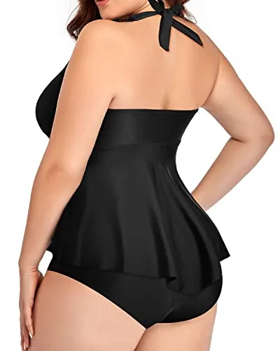 Ruffle Plus Size Halter High Waisted Tankini Set For Women-Black