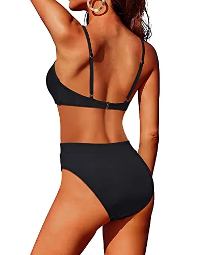 Scoop Neck Women's High Waisted Bathing Suit With High Cut Bottom-Black