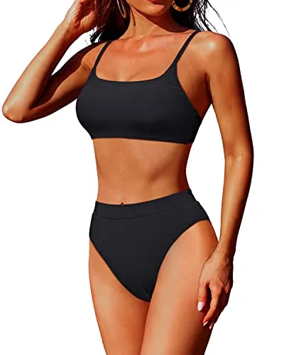 Scoop Neck Women's High Waisted Bathing Suit With High Cut Bottom-Black