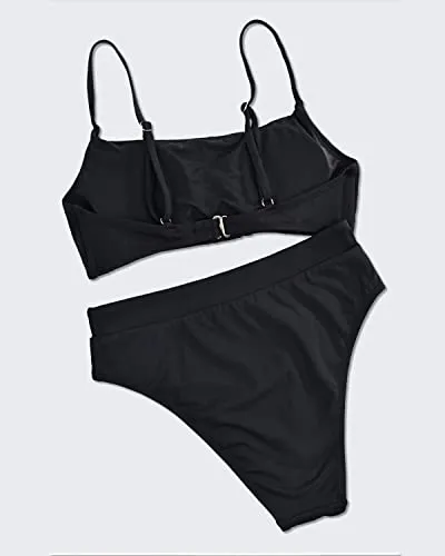 Scoop Neck Women's High Waisted Bathing Suit With High Cut Bottom-Black