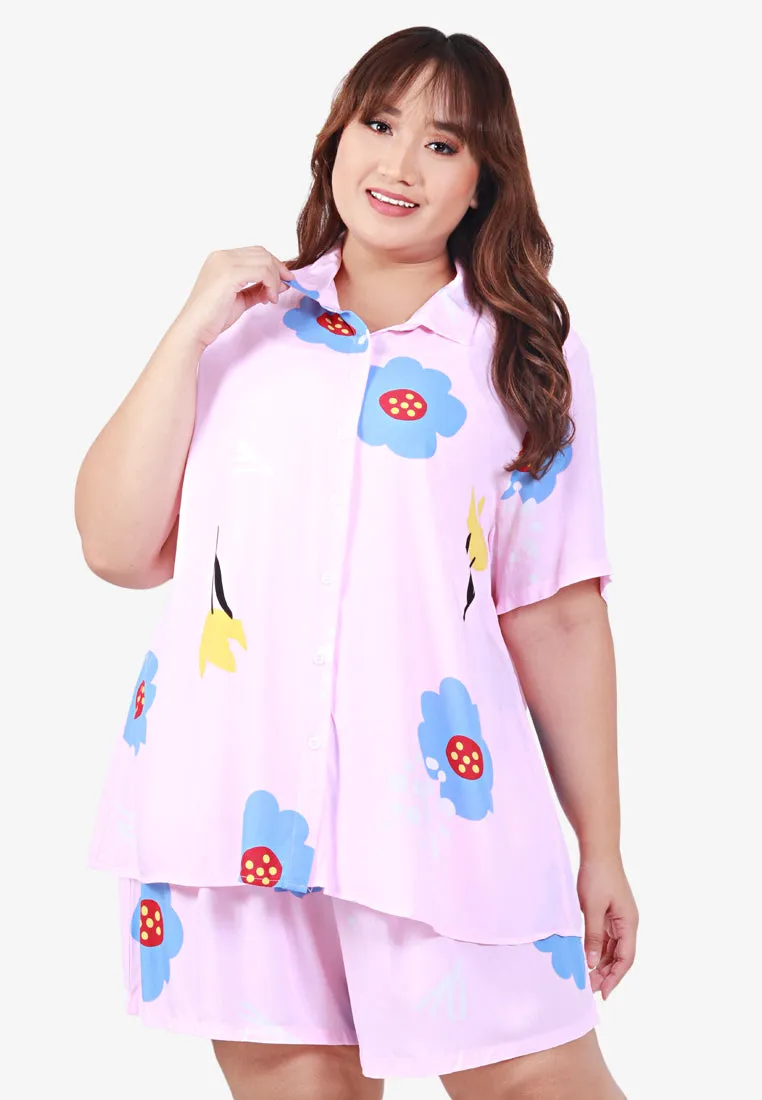 Shadea Cotton Rayon Sleepwear Short Pajama Shirt Set - Pink Flowers