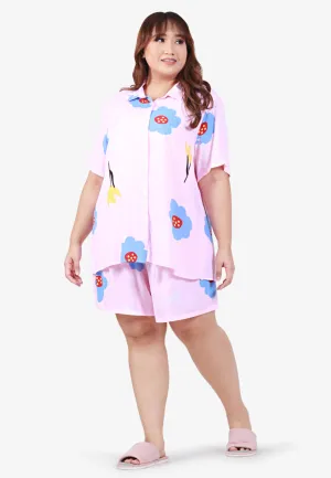 Shadea Cotton Rayon Sleepwear Short Pajama Shirt Set - Pink Flowers