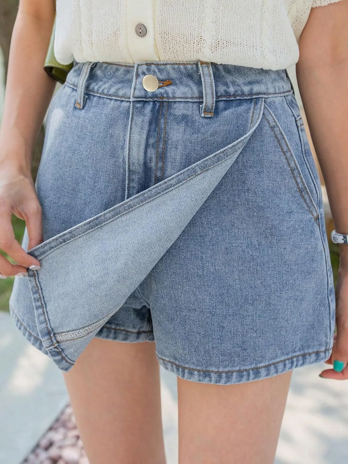 SHENHE Women's High Waisted Denim Skort Wrap Hem Asymmetrical Jean Mini Skirt Shorts