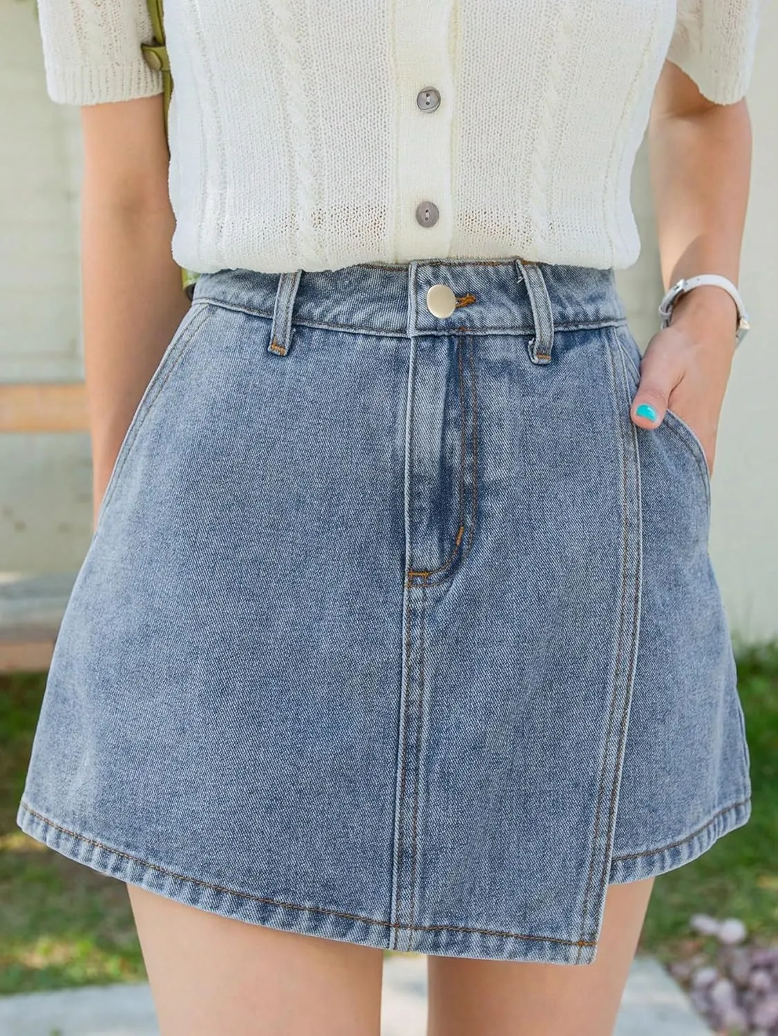 SHENHE Women's High Waisted Denim Skort Wrap Hem Asymmetrical Jean Mini Skirt Shorts