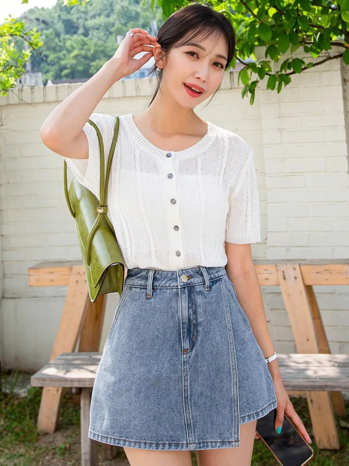 SHENHE Women's High Waisted Denim Skort Wrap Hem Asymmetrical Jean Mini Skirt Shorts