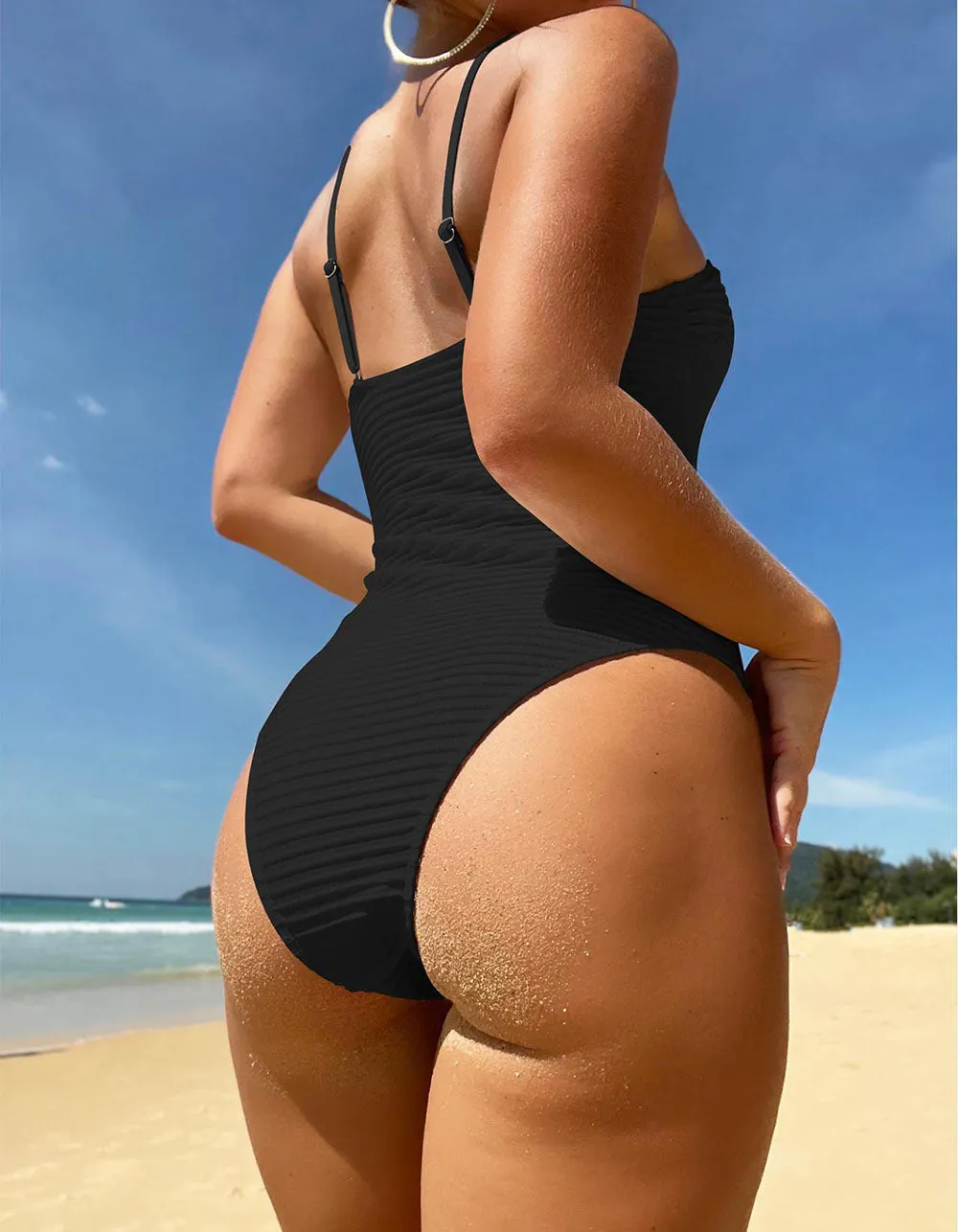 Solid-color Strap One-piece Bikini Swimwear Sets