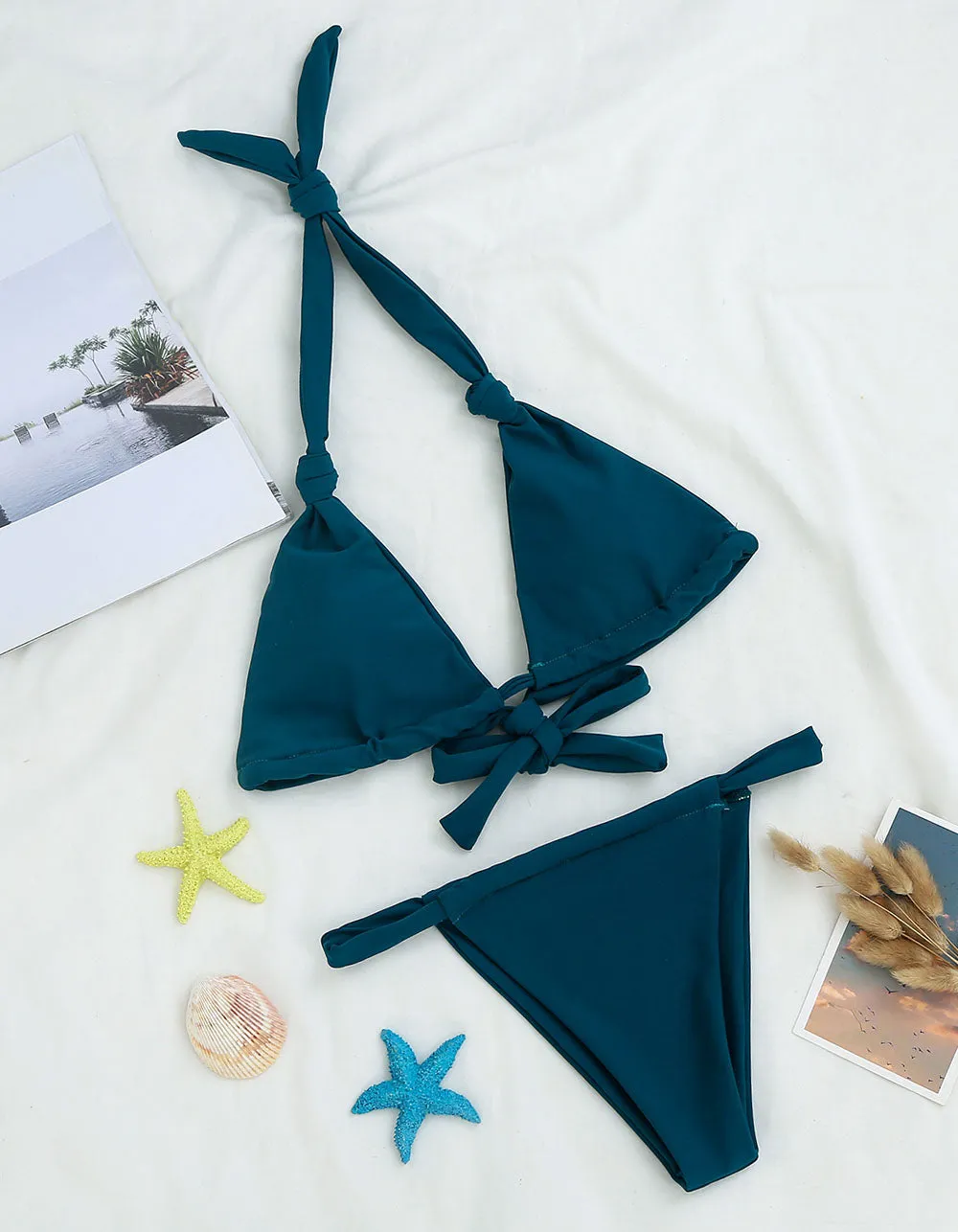 Solid-color Two-piece knotted Bikini Thong Swimwear Sets