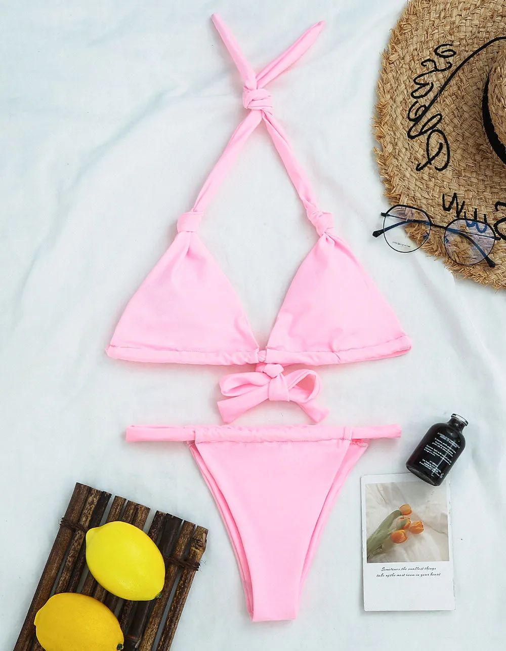 Solid-color Two-piece knotted Bikini Thong Swimwear Sets