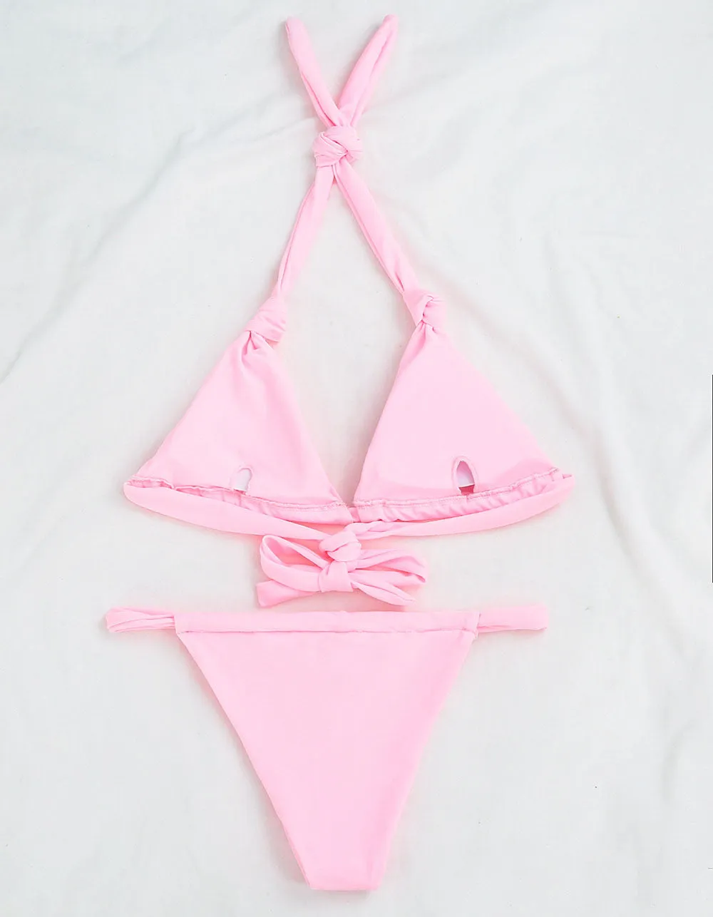 Solid-color Two-piece knotted Bikini Thong Swimwear Sets