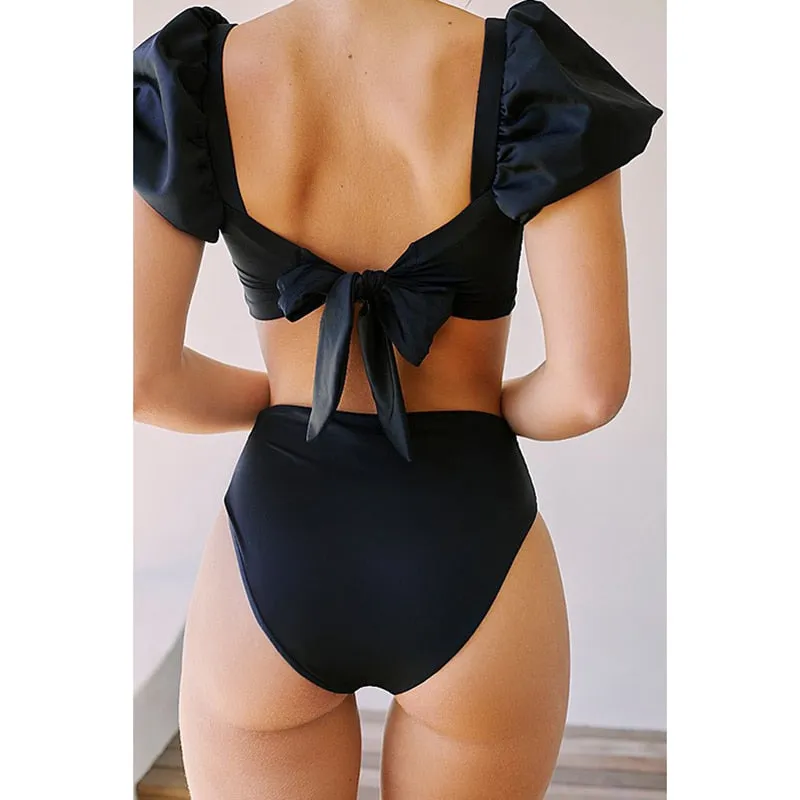 Solid Short Sleeve High Waist Backless Bathing Suit