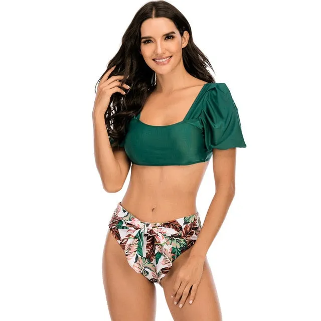 Solid Short Sleeve High Waist Backless Bathing Suit