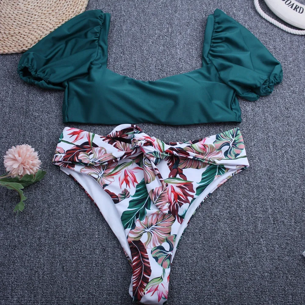 Solid Short Sleeve High Waist Backless Bathing Suit