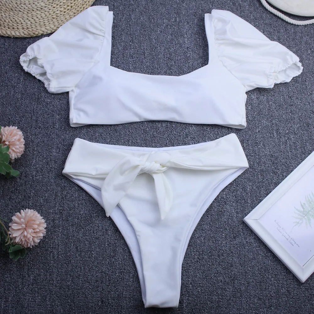 Solid Short Sleeve High Waist Backless Bathing Suit