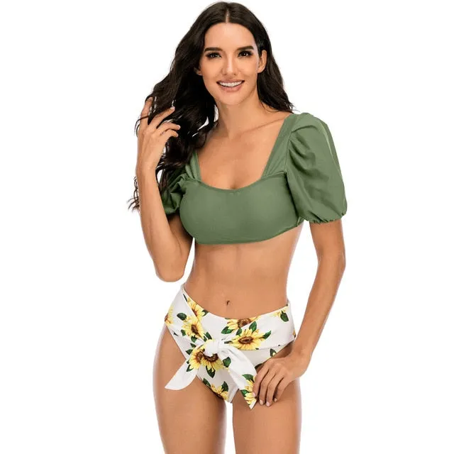 Solid Short Sleeve High Waist Backless Bathing Suit