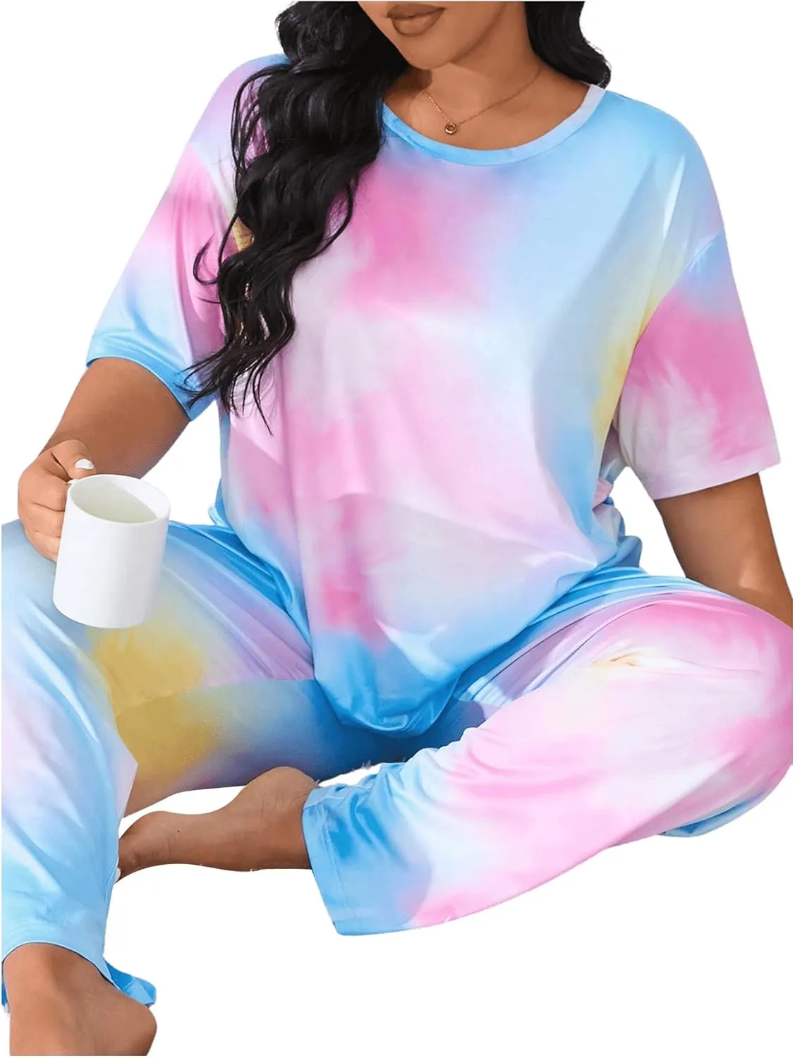 SOLY HUX Women's Plus Size Pajama Set Tie Dye Short Sleeve T Shirt and Pants Lounge Set 2 Piece Sleepwear