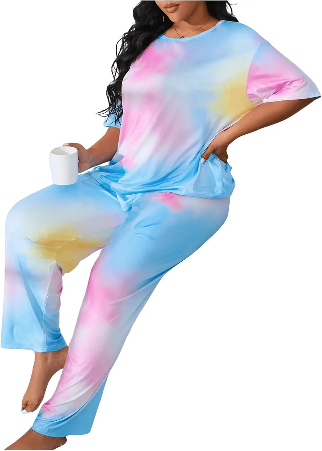 SOLY HUX Women's Plus Size Pajama Set Tie Dye Short Sleeve T Shirt and Pants Lounge Set 2 Piece Sleepwear