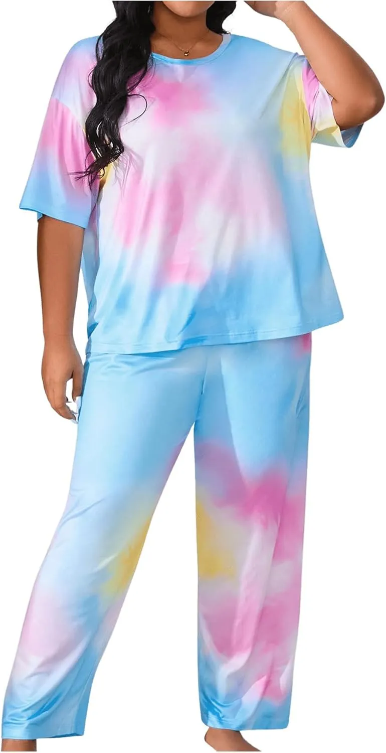 SOLY HUX Women's Plus Size Pajama Set Tie Dye Short Sleeve T Shirt and Pants Lounge Set 2 Piece Sleepwear