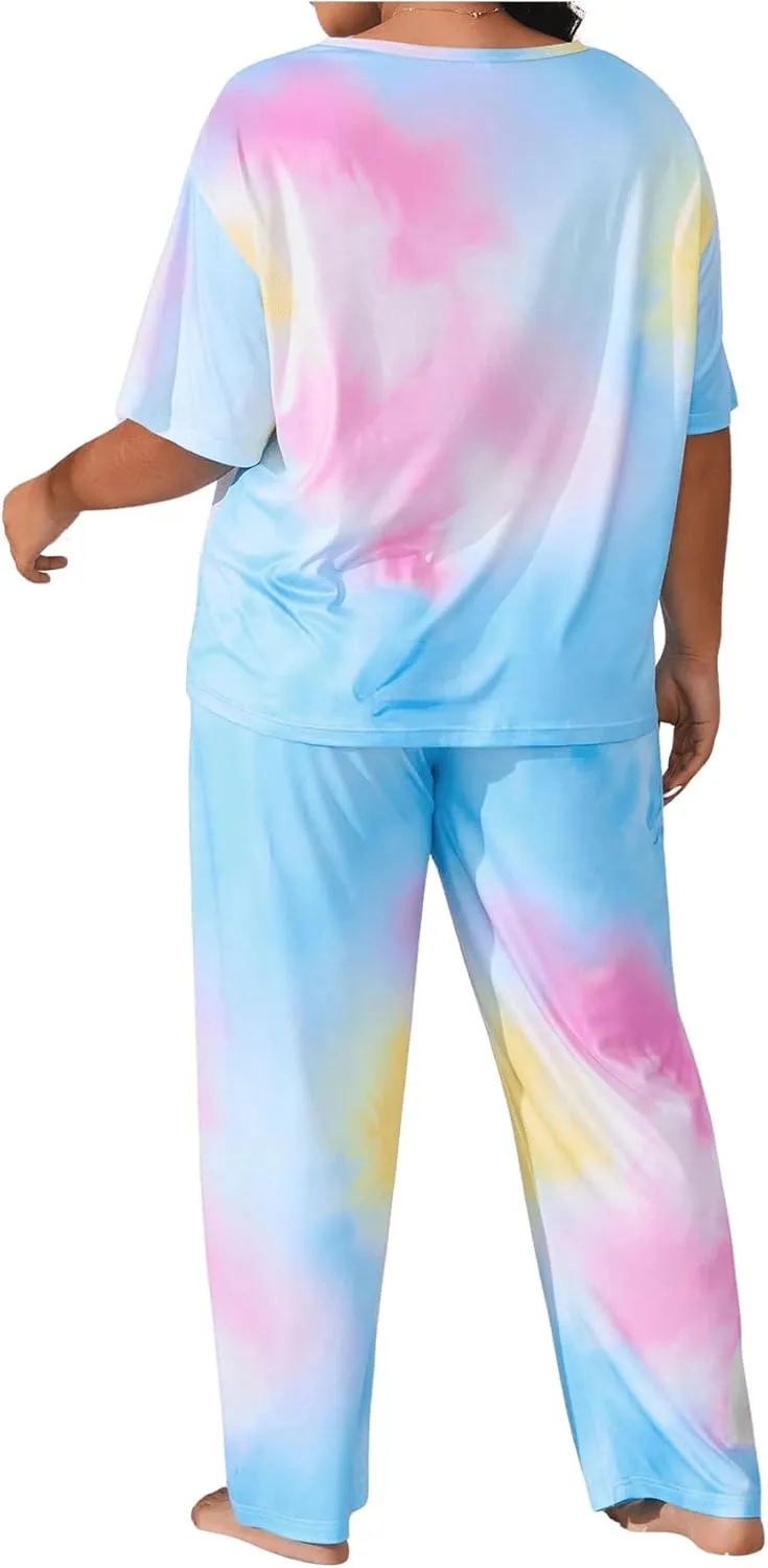 SOLY HUX Women's Plus Size Pajama Set Tie Dye Short Sleeve T Shirt and Pants Lounge Set 2 Piece Sleepwear