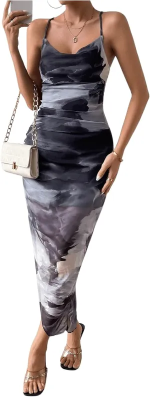 SOLY HUX Women's Tie Dye Cowl Neck Split Hem Bodycon Cami Dress Backless Long Dresses