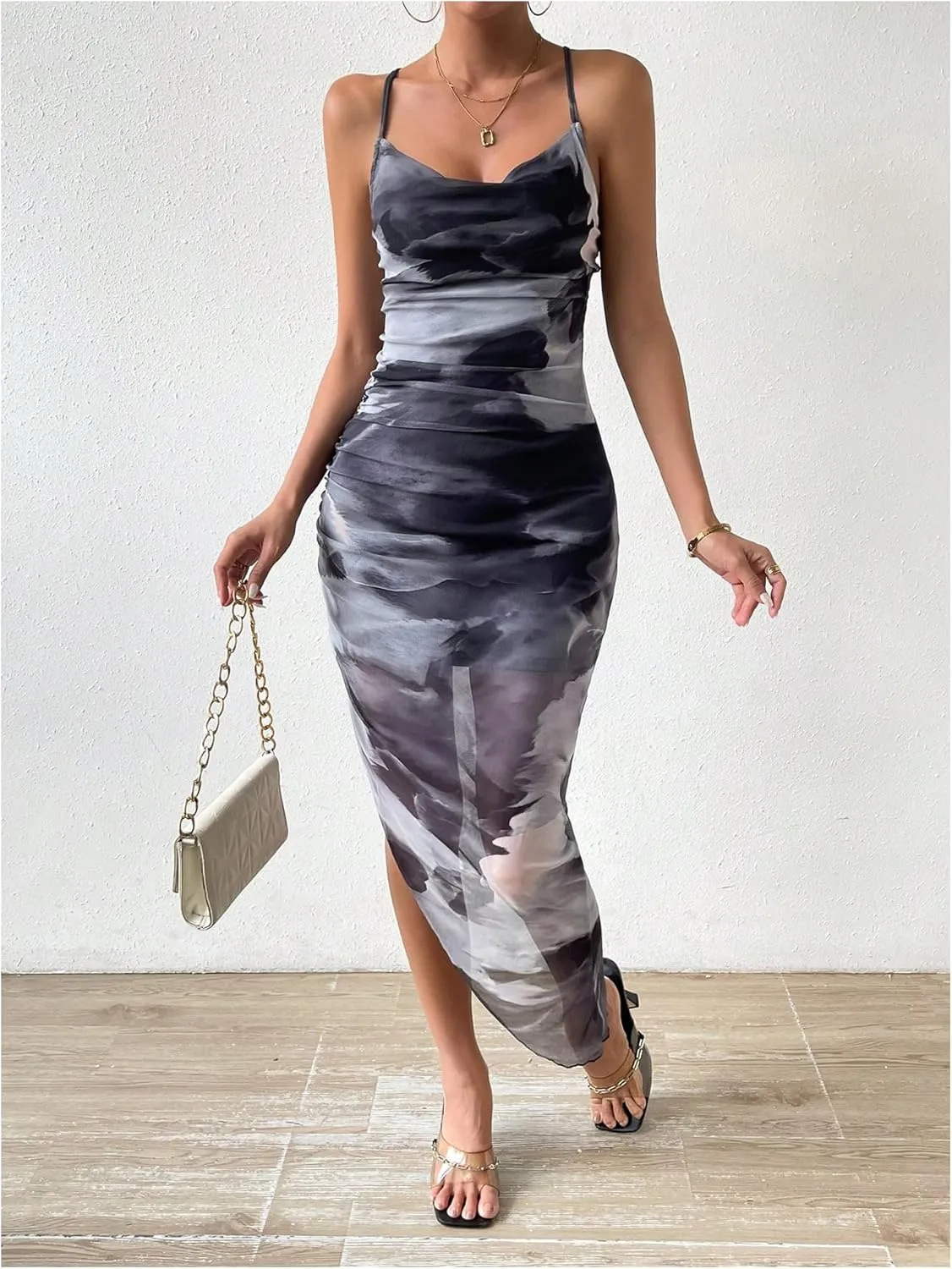 SOLY HUX Women's Tie Dye Cowl Neck Split Hem Bodycon Cami Dress Backless Long Dresses