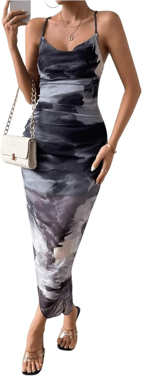 SOLY HUX Women's Tie Dye Cowl Neck Split Hem Bodycon Cami Dress Backless Long Dresses