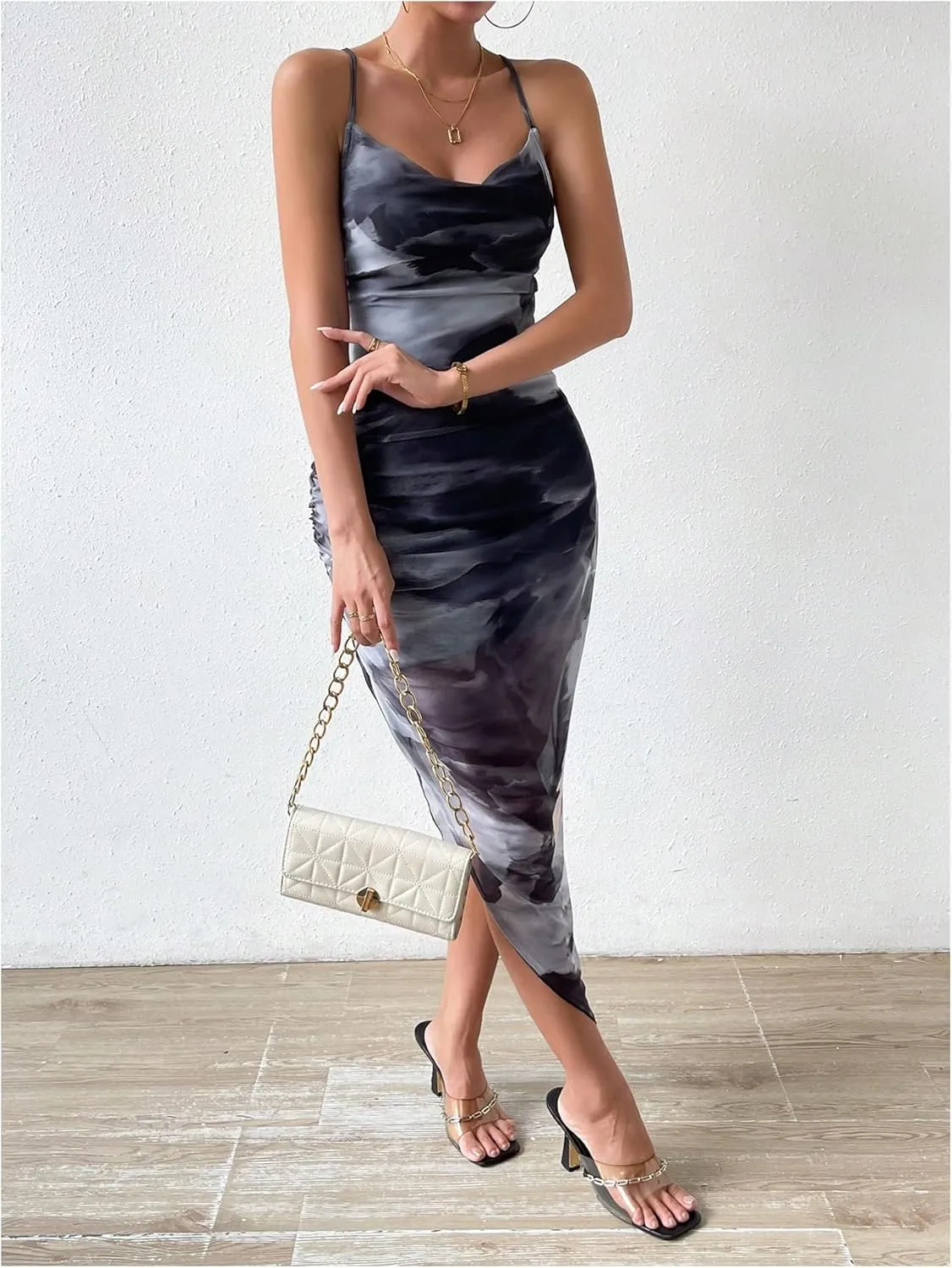 SOLY HUX Women's Tie Dye Cowl Neck Split Hem Bodycon Cami Dress Backless Long Dresses