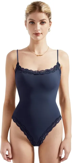 SUUKSESS Women Square Neck Lace Bodysuit Sleeveless Spaghetti Strap Tank Top