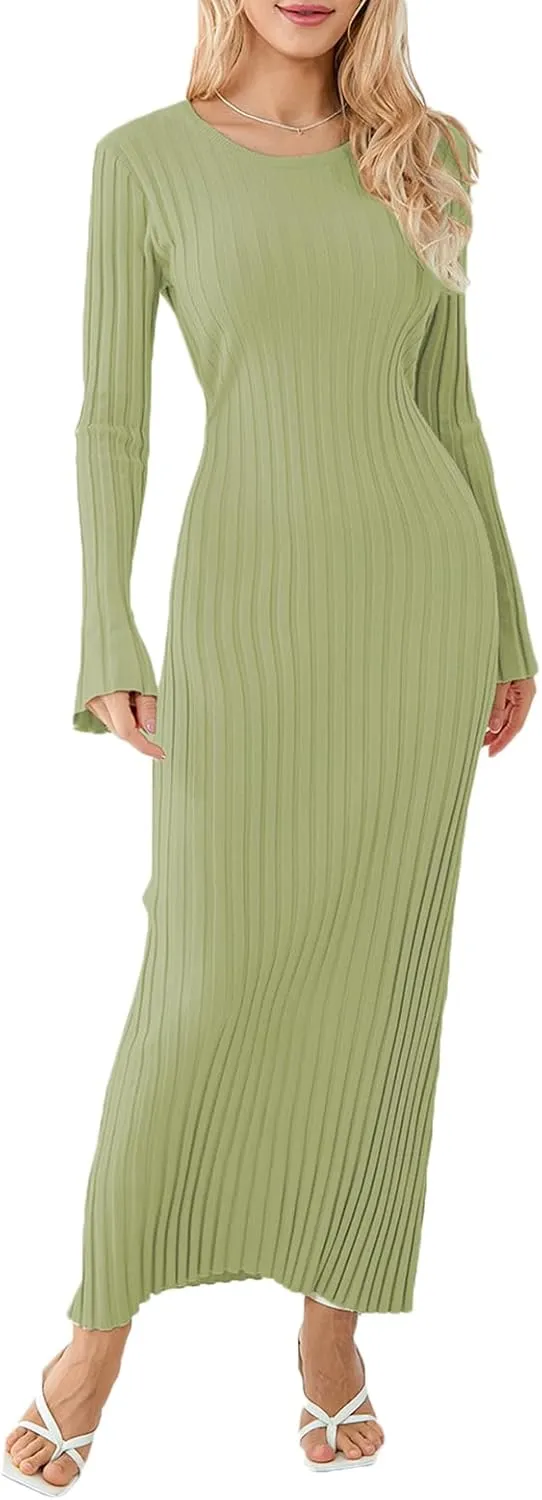 Sweater Dress for Women Ribbed Knit Slim Fit Bell Long Sleeve Maxi Dress Crew Neck Y2K Modest Bodycon Dresses
