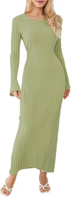 Sweater Dress for Women Ribbed Knit Slim Fit Bell Long Sleeve Maxi Dress Crew Neck Y2K Modest Bodycon Dresses