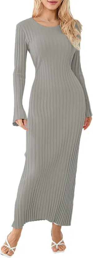 Sweater Dress for Women Ribbed Knit Slim Fit Bell Long Sleeve Maxi Dress Crew Neck Y2K Modest Bodycon Dresses