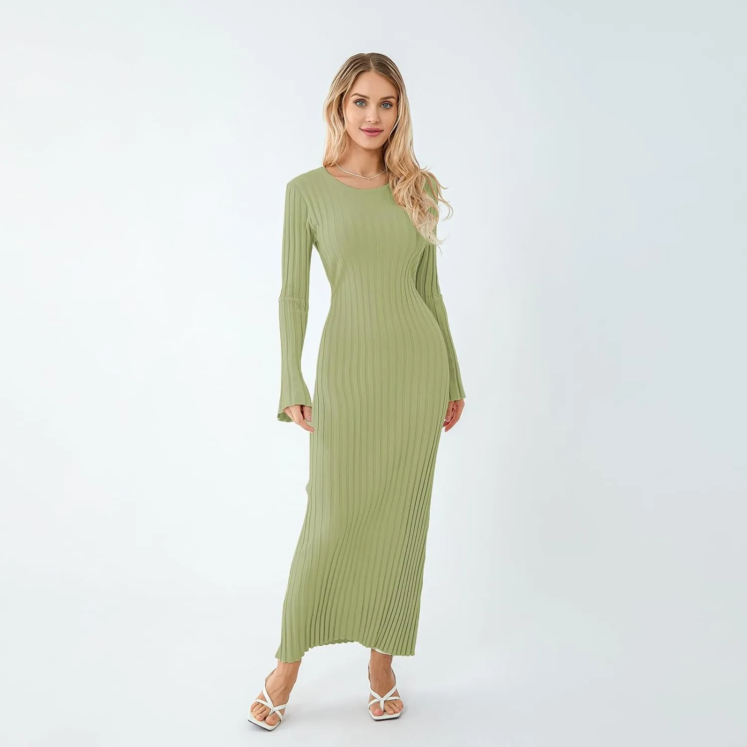 Sweater Dress for Women Ribbed Knit Slim Fit Bell Long Sleeve Maxi Dress Crew Neck Y2K Modest Bodycon Dresses