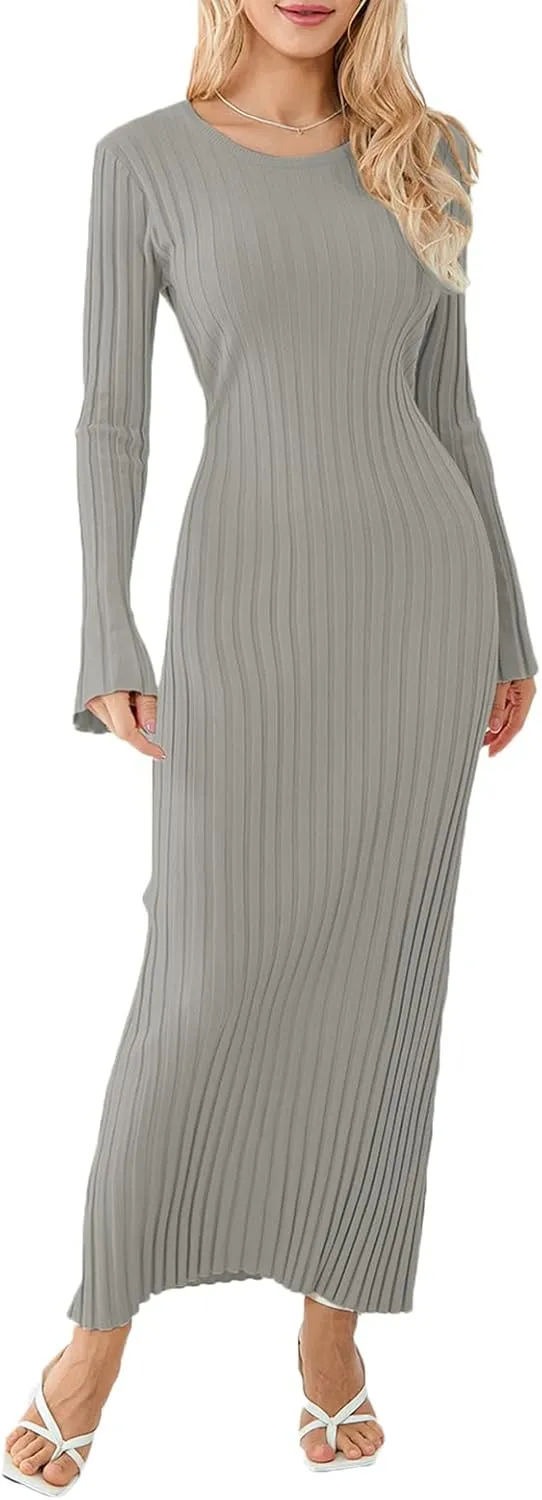 Sweater Dress for Women Ribbed Knit Slim Fit Bell Long Sleeve Maxi Dress Crew Neck Y2K Modest Bodycon Dresses