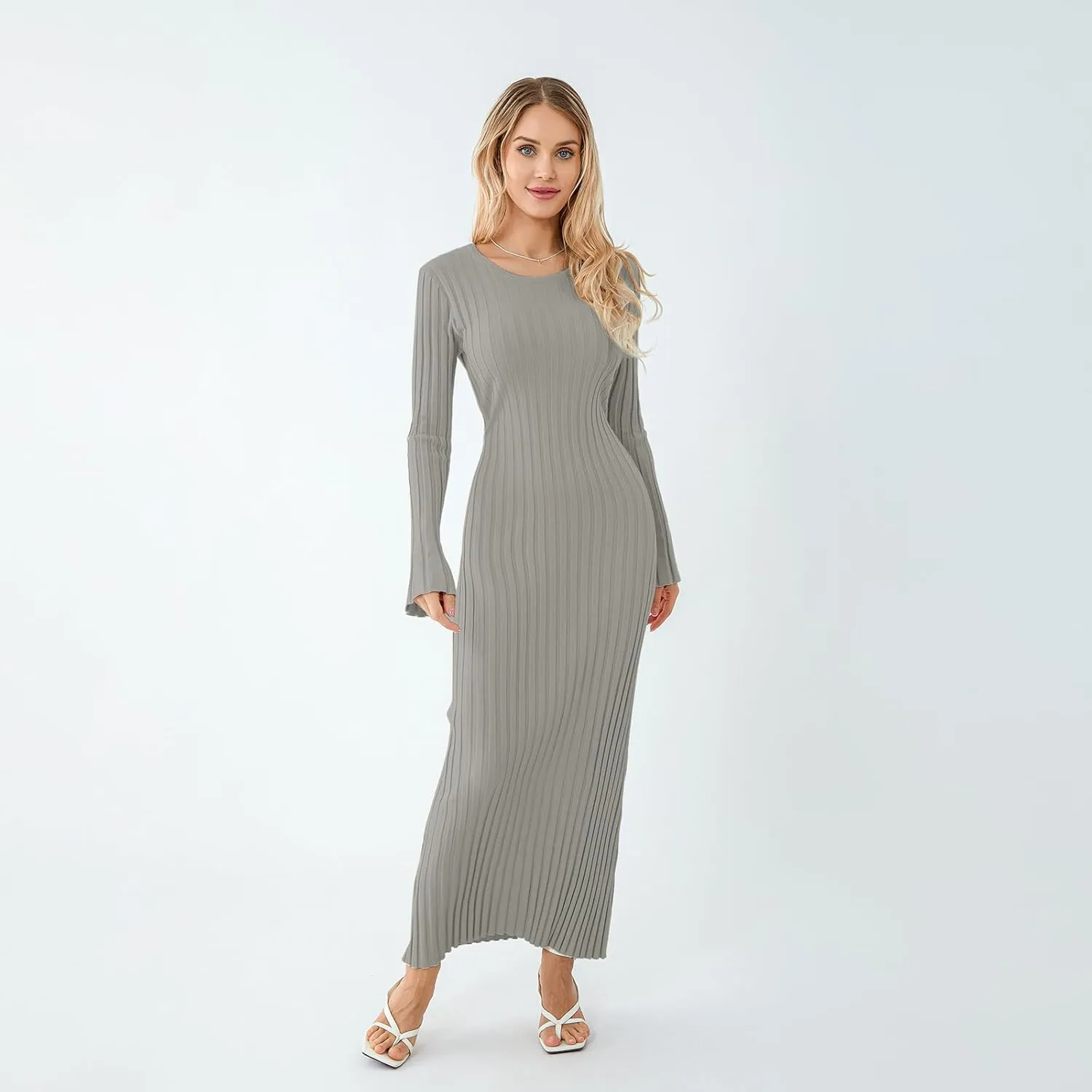 Sweater Dress for Women Ribbed Knit Slim Fit Bell Long Sleeve Maxi Dress Crew Neck Y2K Modest Bodycon Dresses